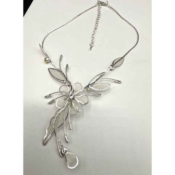Floral Necklace 18in Multicolor Crystal Flower Silver Tone Mesh Leaves Fairycore - Picture 8 of 10